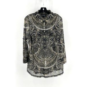 INC Black Paisley Long Sleeve Rhinestone Buttons Sheer Collared Top Shirt XL